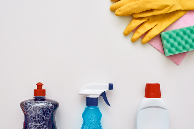 Stay clean. Cleaning gloves, sponges and other cleaning tools isolated.