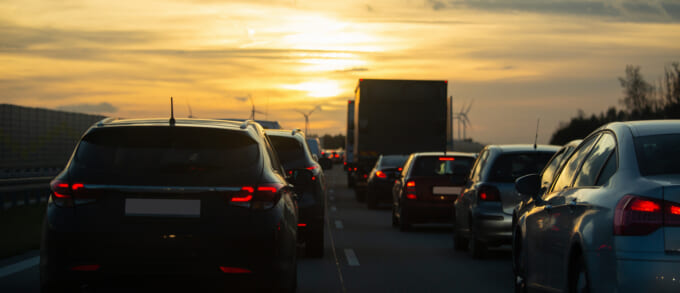 Highway traffic jam at sunset