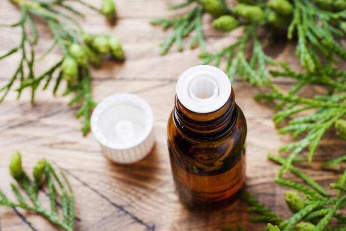 Thuja aroma essential oil in a glass jar on wooden background. Copy space. Selective focus.