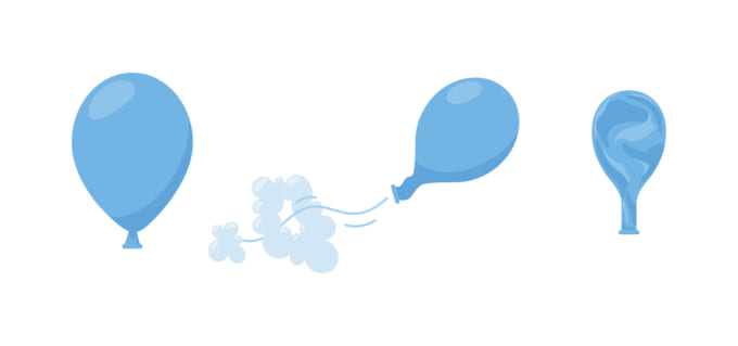 Balloon kids toy full of air and deflating, flat vector illustration isolated.