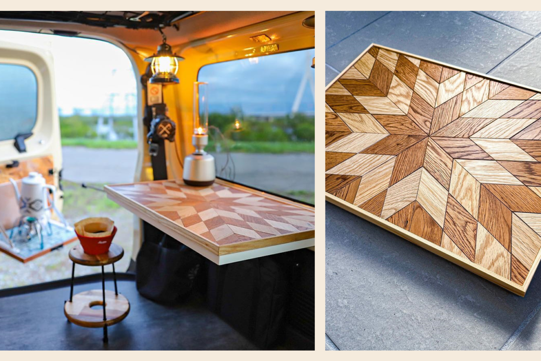 木の色がつくる柄の自然な風合いを楽しむ「パッチワークテーブル  