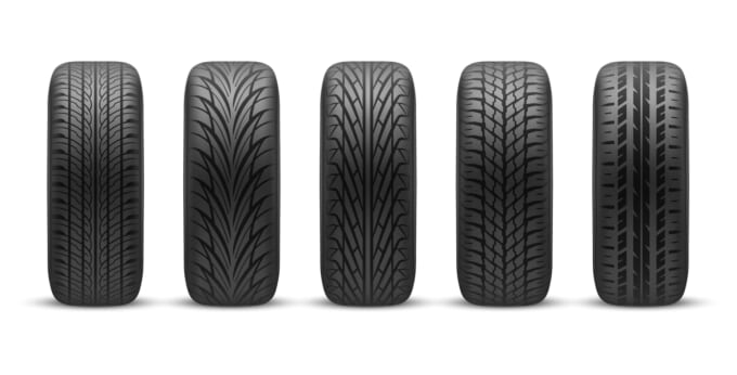 Realistic car tires with different tread patterns